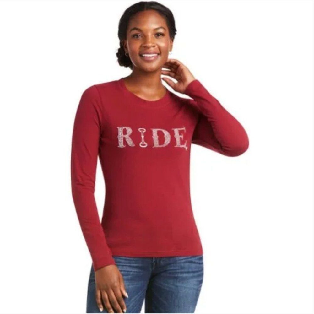 Ariat Women's Red Beaded RIDE and Horse Bit Long Sleeve Rodeo Tee Size Small